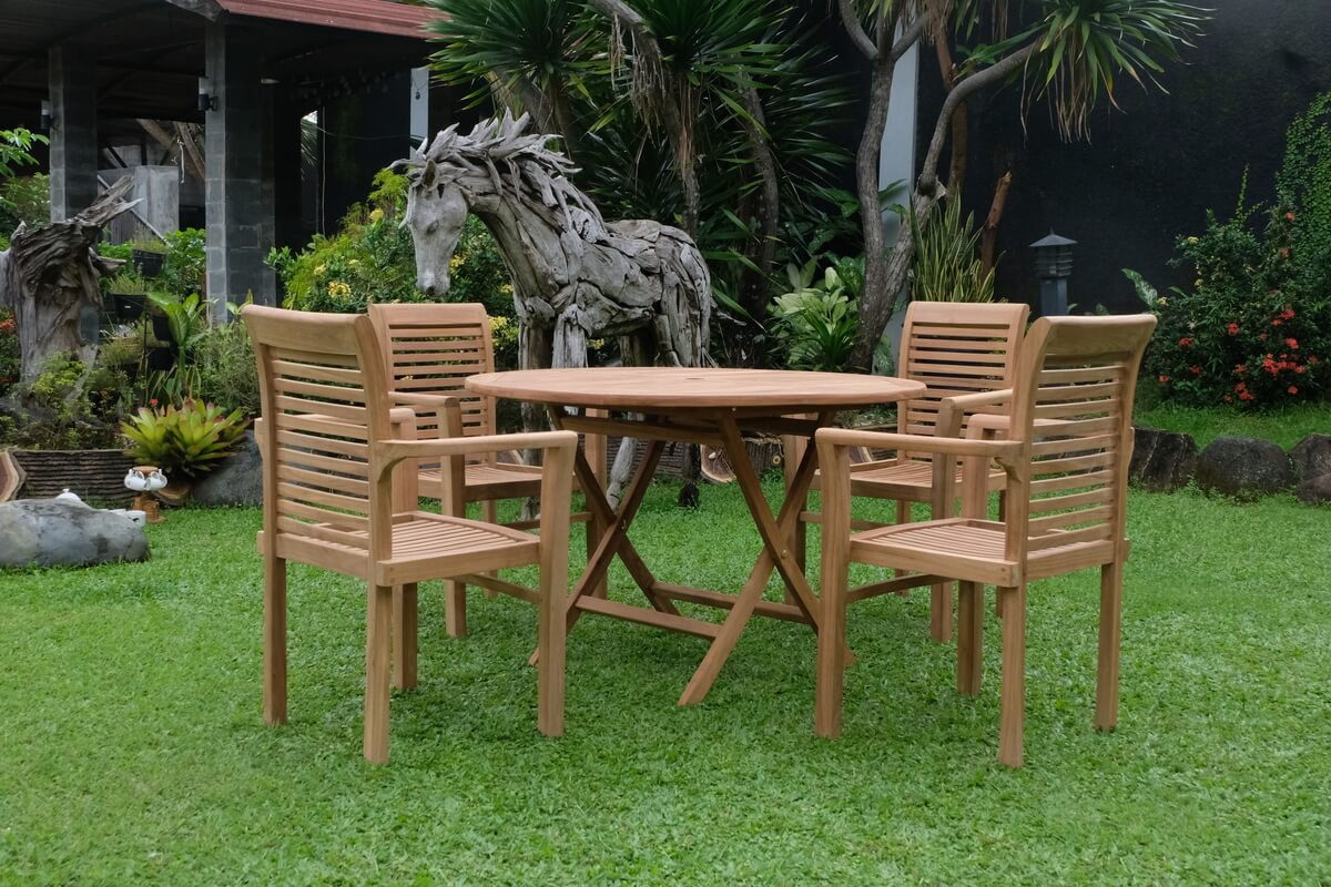 Teak Standard Folding Table 120cm (4cm Thick Top) with 4 Belgrave Stacking Chair  (Garden / Outdoor Dining Set)