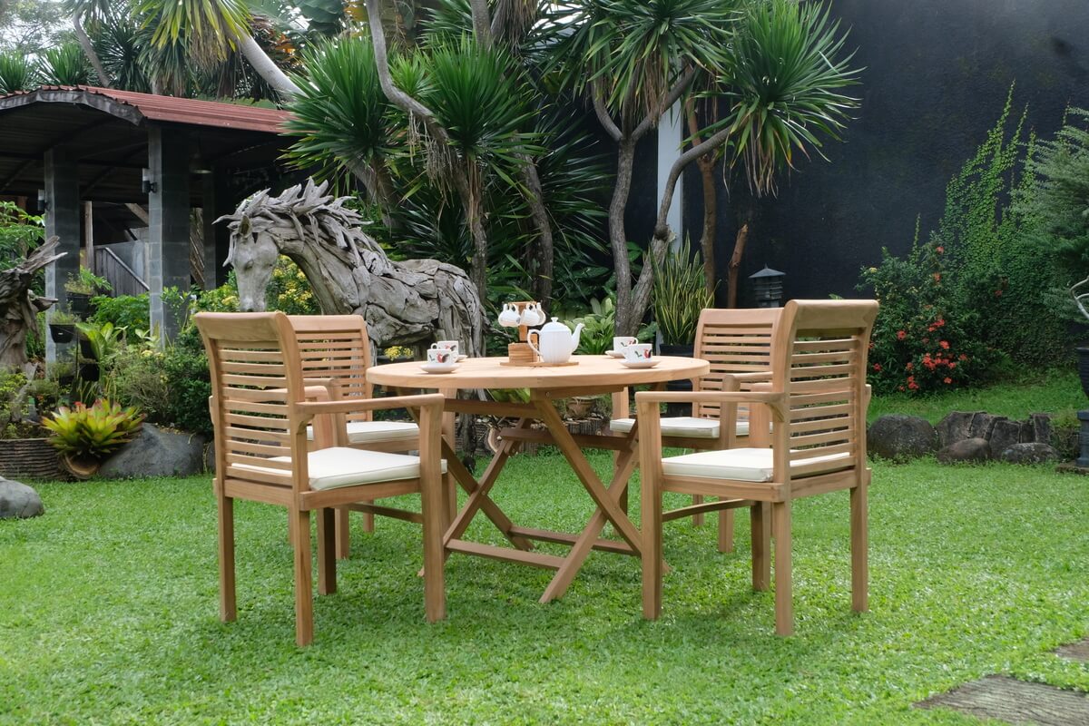 Teak Sunburst Folding Table 120cm (4cm Thick Top) with Belgrave Stacking Chair  (Garden / Outdoor Dining Set)