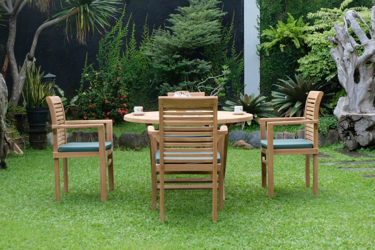 Teak Sunburst Folding Table 120cm (4cm Thick Top) with Belgrave Stacking Chair  (Garden / Outdoor Dining Set)