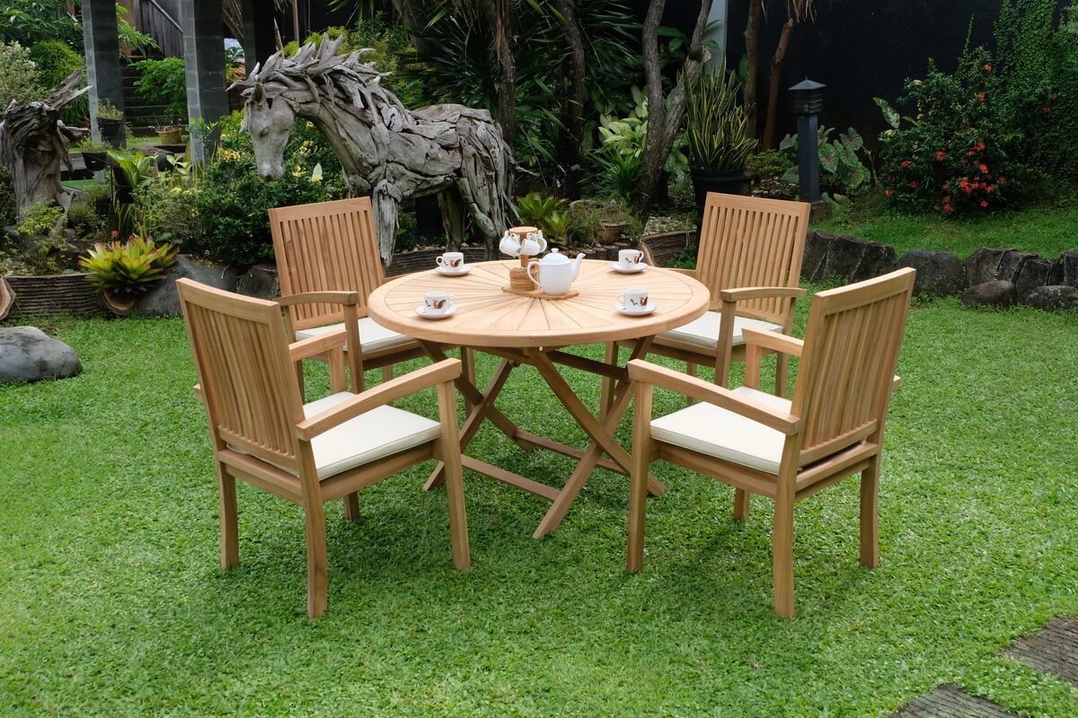 Teak Sunburst Folding Table 120cm (4cm Thick Top) with Burnham Stacking Chair  (Garden / Outdoor Dining Set)