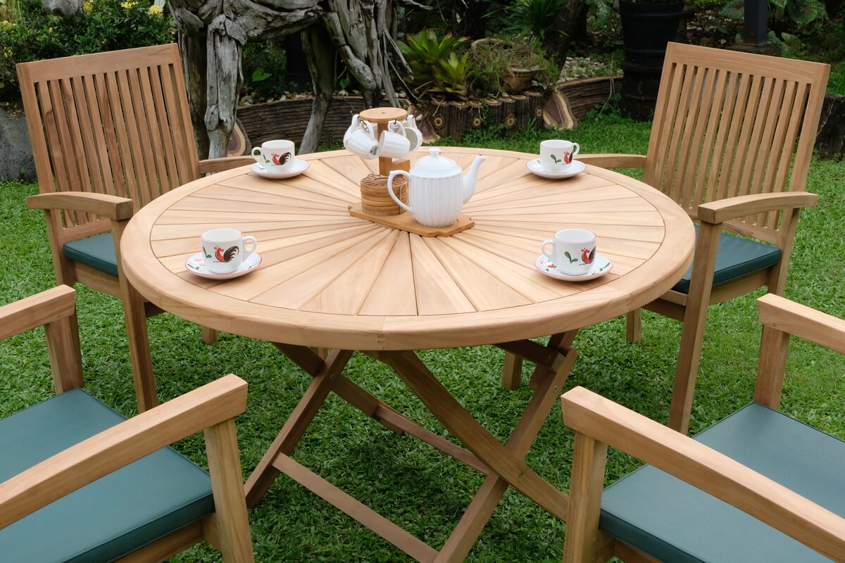 Teak Sunburst Folding Table 120cm (4cm Thick Top) with Burnham Stacking Chair  (Garden / Outdoor Dining Set)