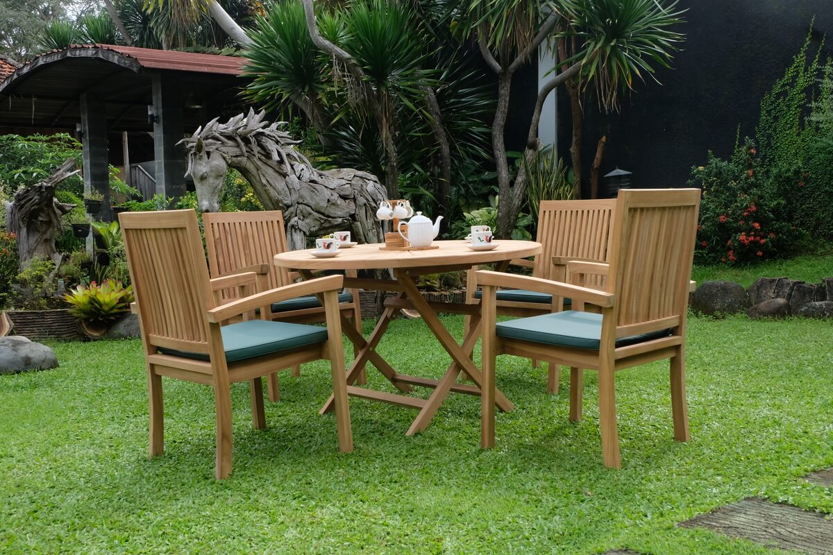 Teak Sunburst Folding Table 120cm (4cm Thick Top) with Burnham Stacking Chair  (Garden / Outdoor Dining Set)