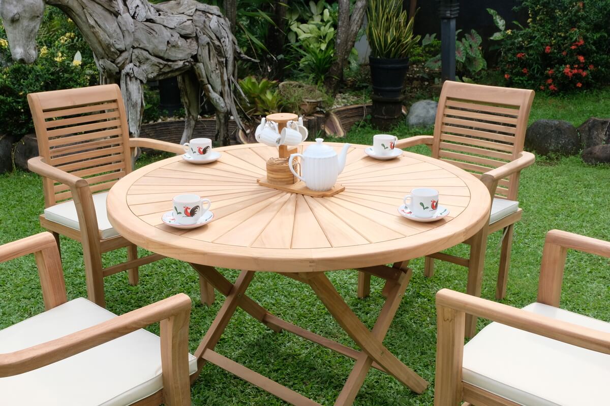 Teak Sunburst Folding Table 120cm (4cm Thick Top) with Belgrave Stacking Chair  (Garden / Outdoor Dining Set)