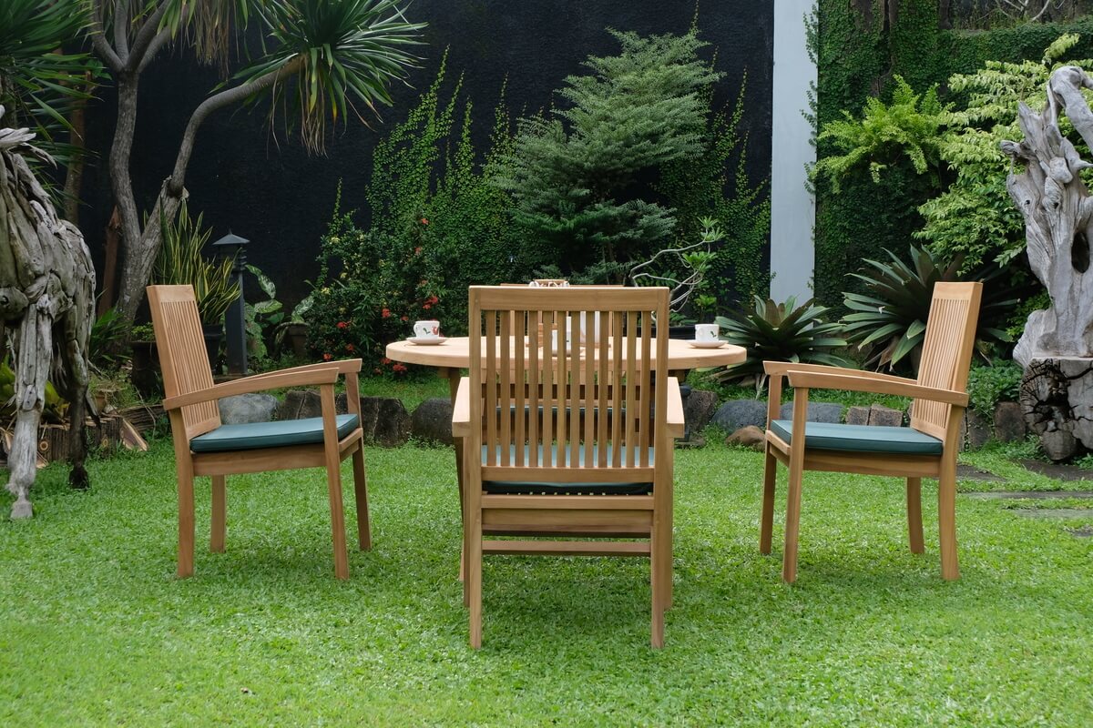 Teak Sunburst Folding Table 120cm (4cm Thick Top) with Burnham Stacking Chair  (Garden / Outdoor Dining Set)