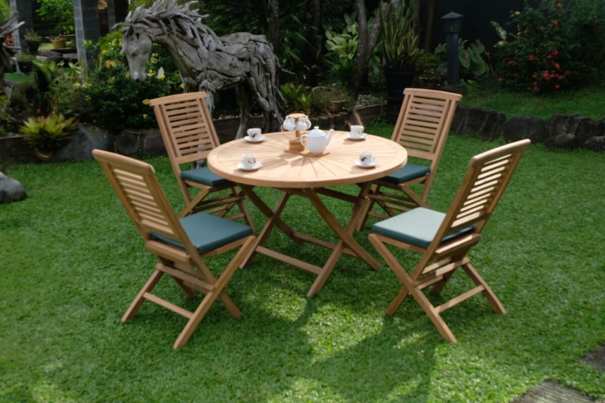Teak Sunburst Folding Table 120cm (4cm Thick Top) with Hanton Folding Chair  (Garden / Outdoor Dining Set)