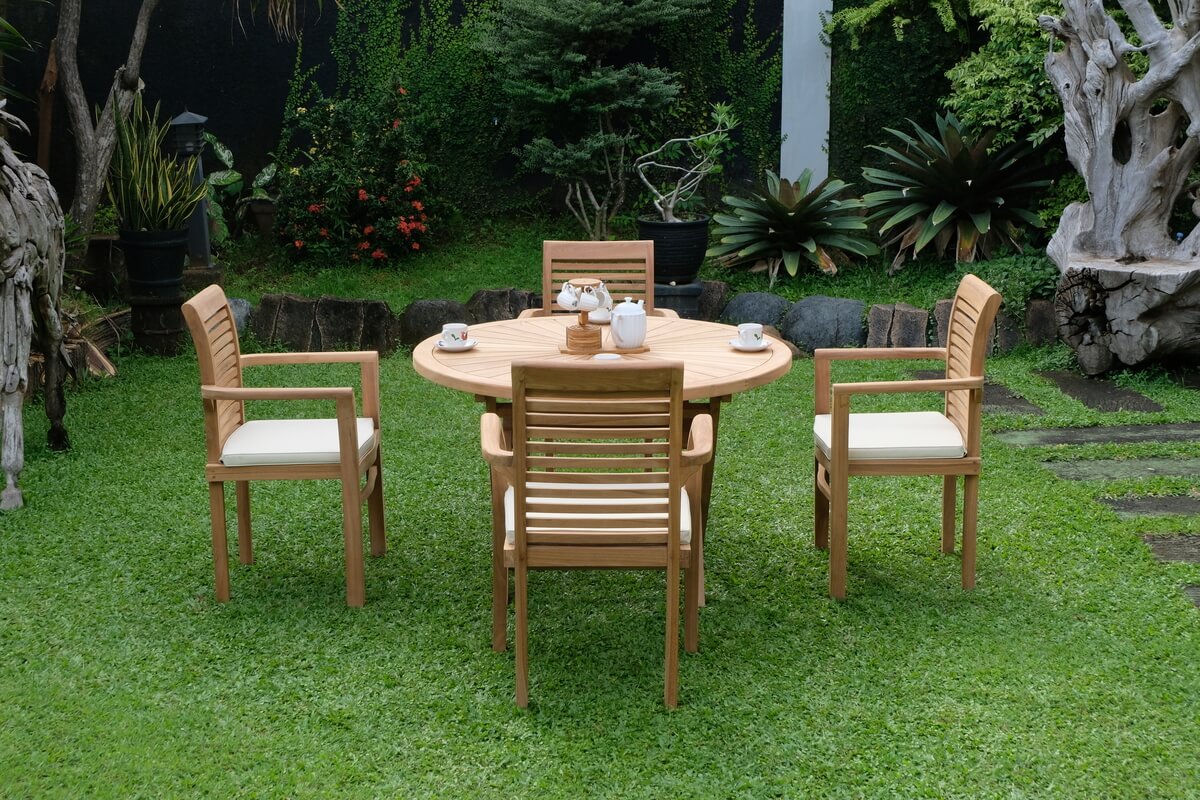 Teak Sunburst Folding Table 120cm (4cm Thick Top) with Belgrave Stacking Chair  (Garden / Outdoor Dining Set)