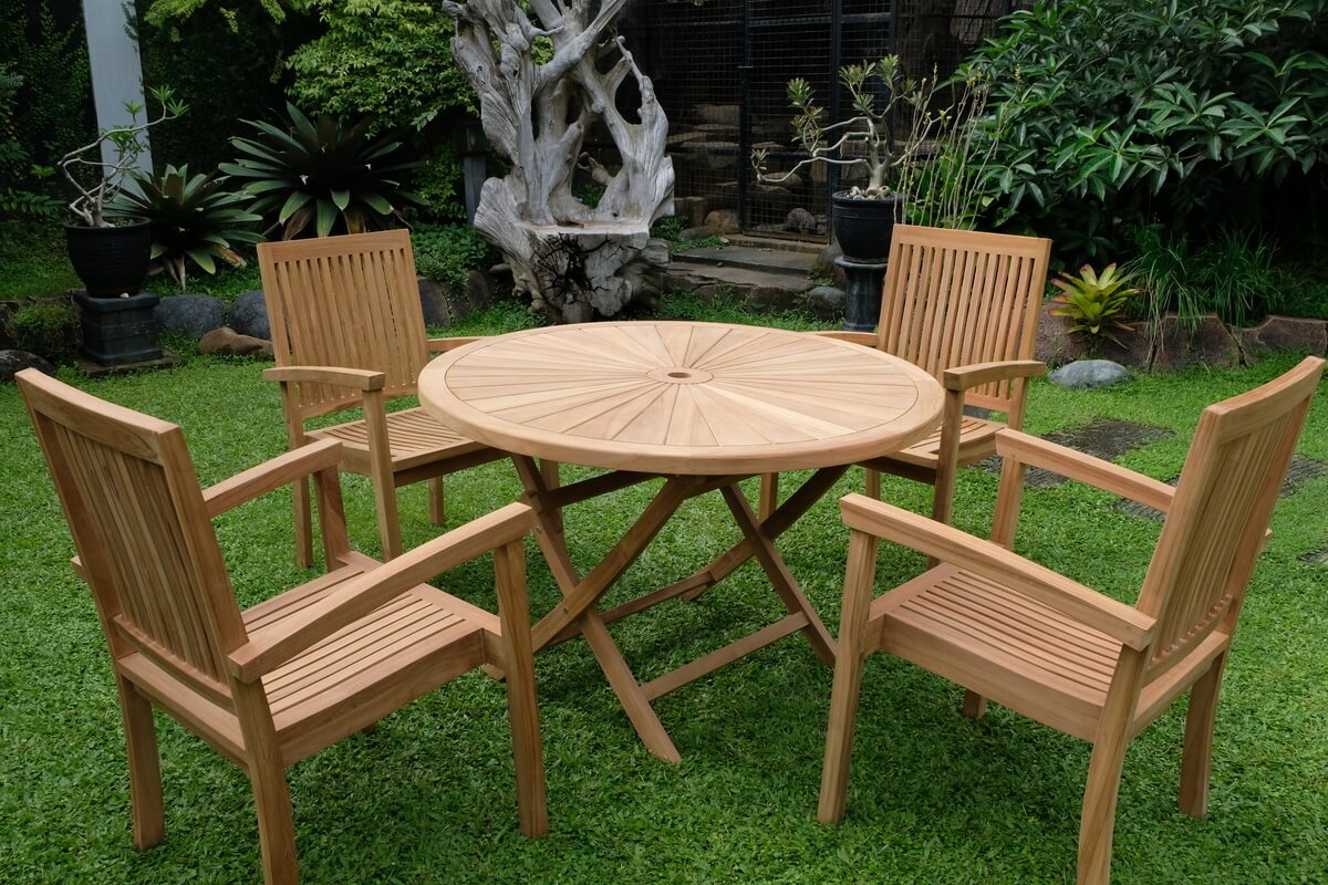 Teak Sunburst Folding Table 120cm (4cm Thick Top) with Burnham Stacking Chair  (Garden / Outdoor Dining Set)