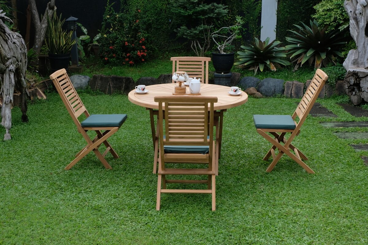 Teak Sunburst Folding Table 120cm (4cm Thick Top) with Hanton Folding Chair  (Garden / Outdoor Dining Set)