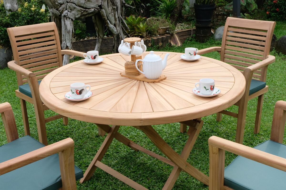 Teak Sunburst Folding Table 120cm (4cm Thick Top) with Belgrave Stacking Chair  (Garden / Outdoor Dining Set)