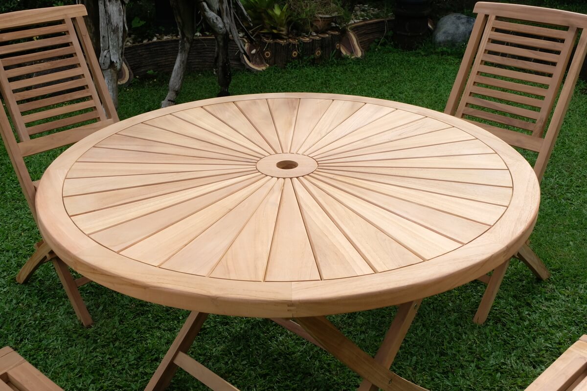 Teak Sunburst Folding Table 120cm (4cm Thick Top) with Hanton Folding Chair  (Garden / Outdoor Dining Set)