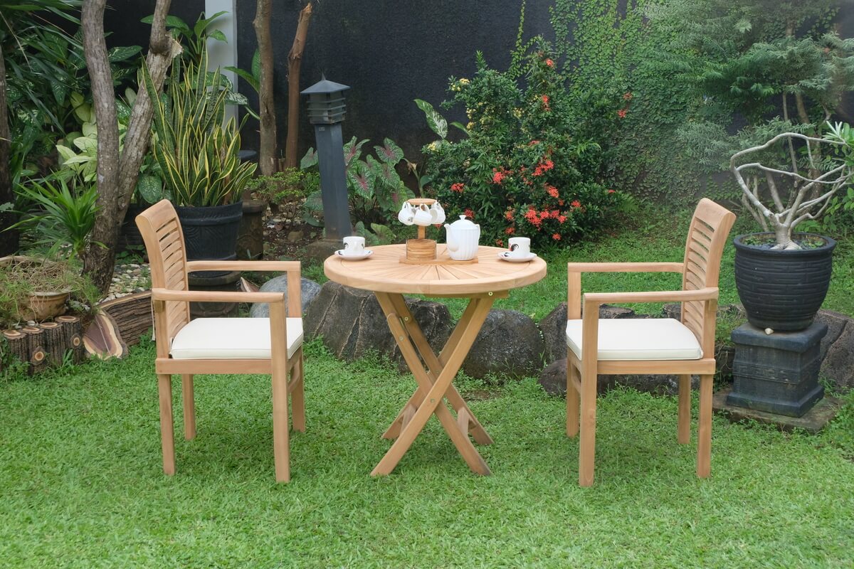 Teak Sunburst Folding Table 80cm (4cm Thick Top) with Belgrave Stacking Chair  (Garden / Outdoor Dining Set)