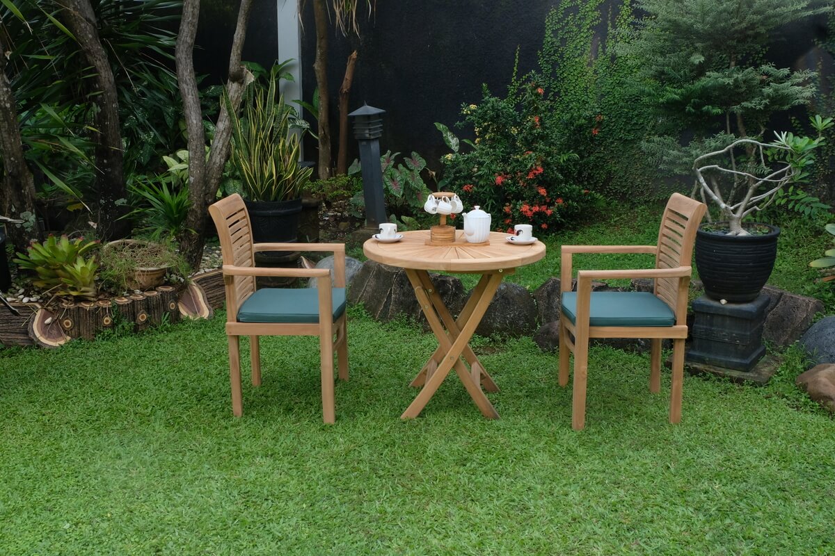 Teak Sunburst Folding Table 80cm (4cm Thick Top) with Belgrave Stacking Chair  (Garden / Outdoor Dining Set)