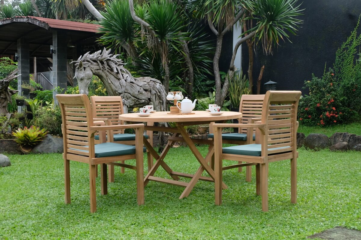 Teak Sunburst Folding Table 120cm (4cm Thick Top) with Belgrave Stacking Chair  (Garden / Outdoor Dining Set)