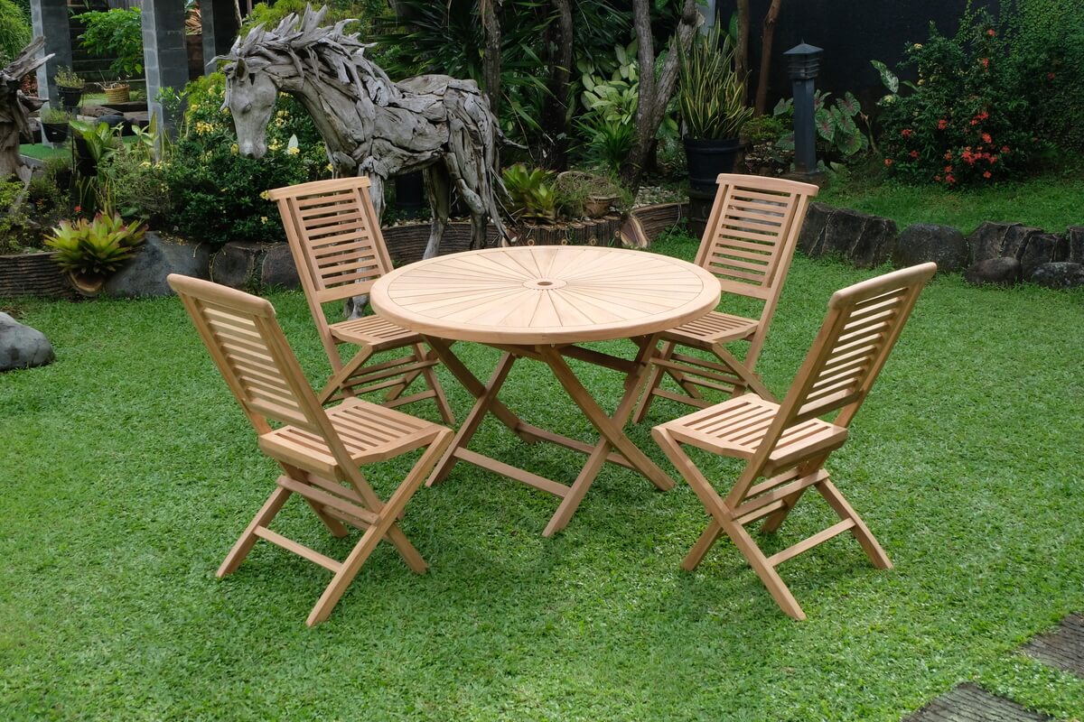 Teak Sunburst Folding Table 120cm (4cm Thick Top) with Hanton Folding Chair  (Garden / Outdoor Dining Set)