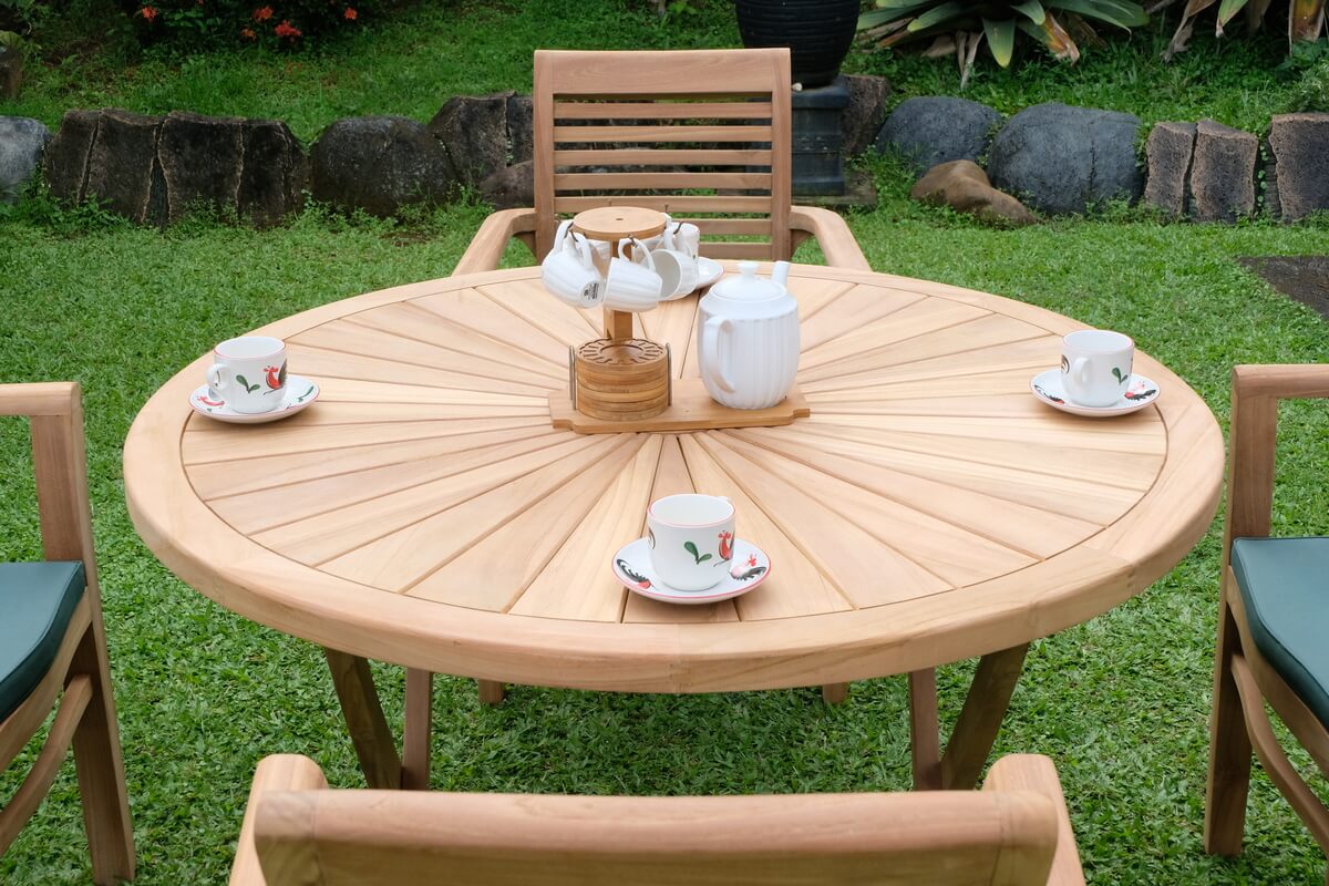 Teak Sunburst Folding Table 120cm (4cm Thick Top) with Belgrave Stacking Chair  (Garden / Outdoor Dining Set)