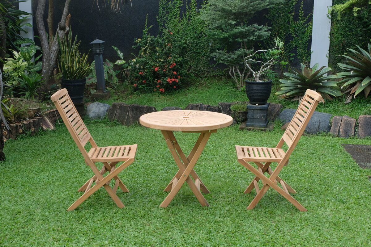 Teak Sunburst Folding Table 80cm (4cm Thick Top) with Hanton Folding Chair  (Garden / Outdoor Dining Set)