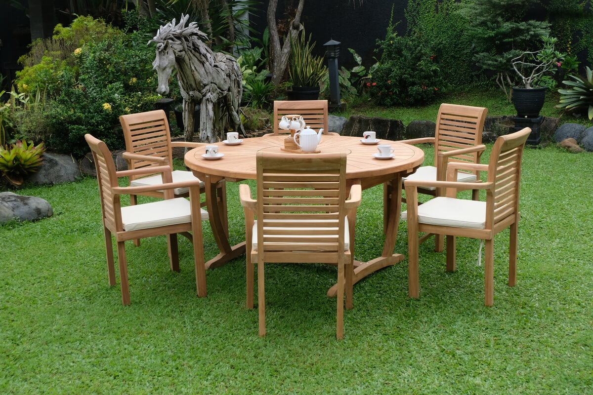 Teak Sunburst Round Table 150cm (4cm Thick Top) with Belgrave Stacking Chair  (Garden / Outdoor Dining Set)