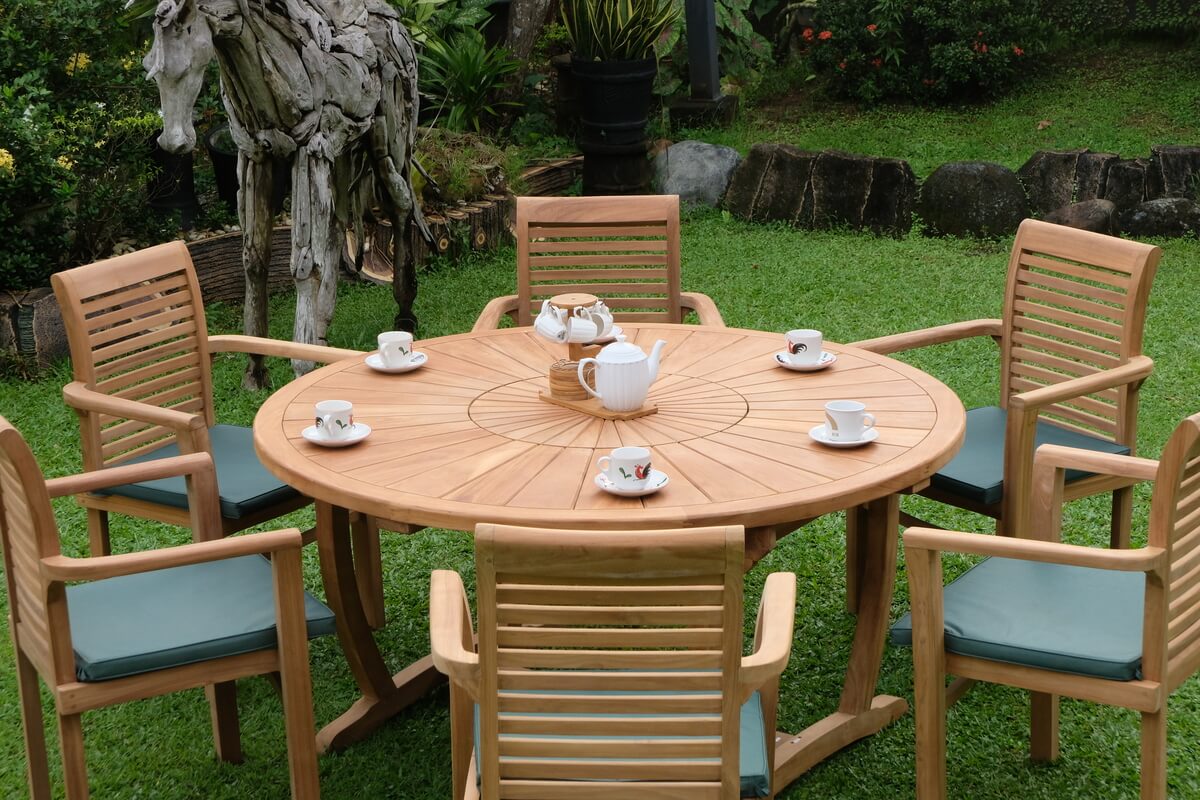 Teak Sunburst Round Table 150cm (4cm Thick Top) with Belgrave Stacking Chair  (Garden / Outdoor Dining Set)