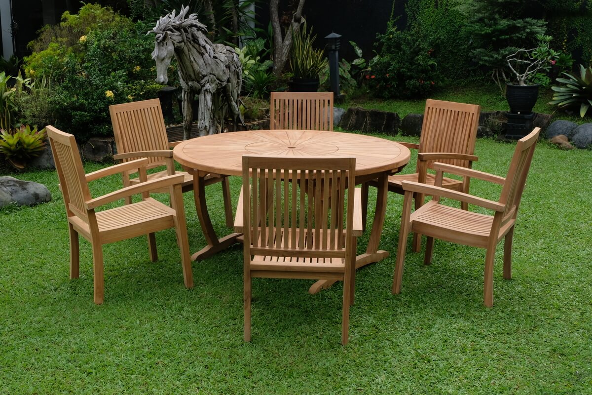Teak Sunburst Round Table 150cm (4cm Thick Top) with Burnham Stacking Chair (Garden / Outdoor Dining Set)