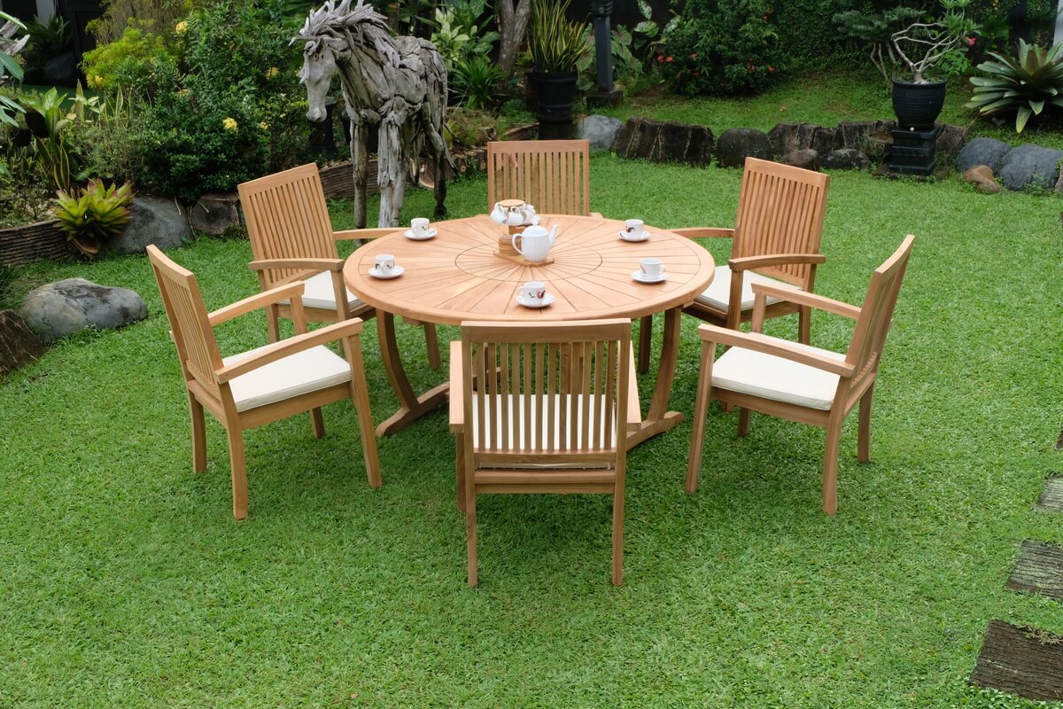 Teak Sunburst Round Table 150cm (4cm Thick Top) with Burnham Stacking Chair (Garden / Outdoor Dining Set)
