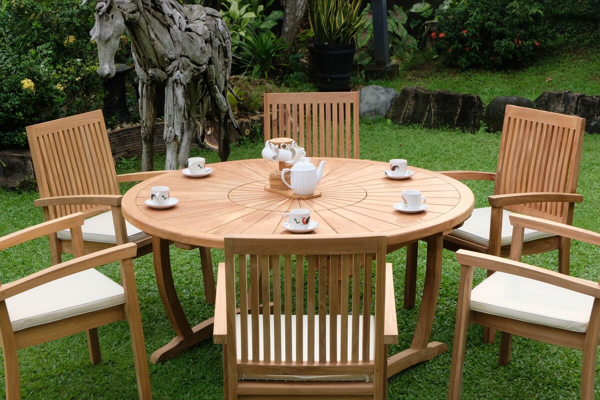 Teak Sunburst Round Table 150cm (4cm Thick Top) with Burnham Stacking Chair (Garden / Outdoor Dining Set)