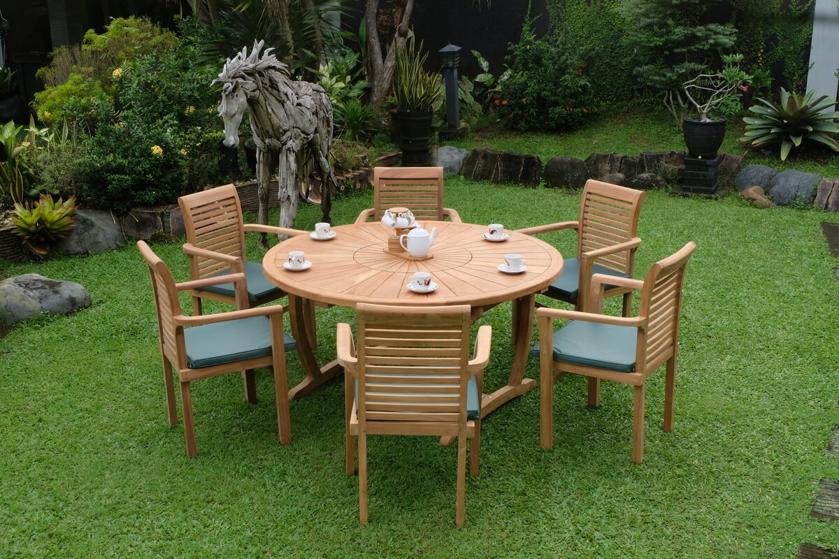 Teak Sunburst Round Table 150cm (4cm Thick Top) with Belgrave Stacking Chair  (Garden / Outdoor Dining Set)