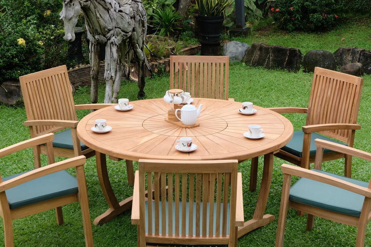 Teak Sunburst Round Table 150cm (4cm Thick Top) with Burnham Stacking Chair (Garden / Outdoor Dining Set)