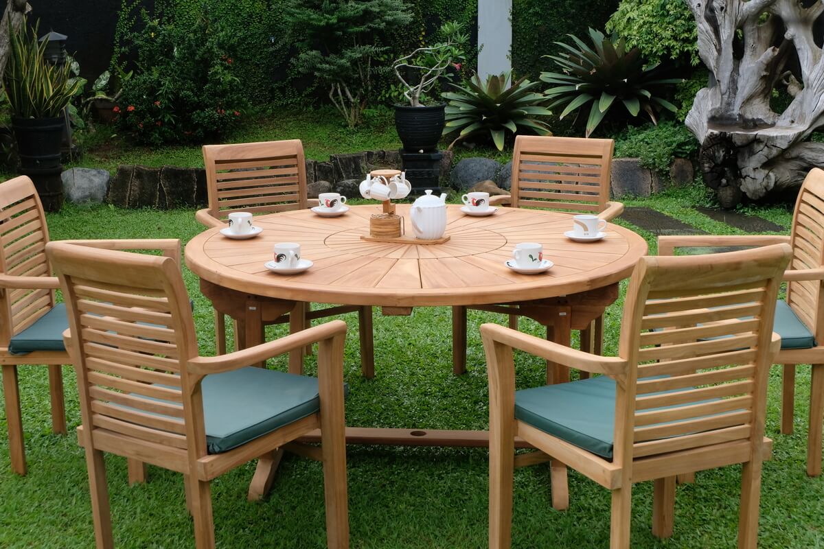 Teak Sunburst Round Table 150cm (4cm Thick Top) with Belgrave Stacking Chair  (Garden / Outdoor Dining Set)