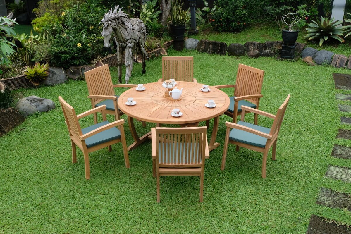 Teak Sunburst Round Table 150cm (4cm Thick Top) with Burnham Stacking Chair (Garden / Outdoor Dining Set)