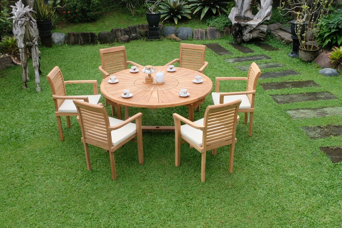 Teak Sunburst Round Table 150cm (4cm Thick Top) with Belgrave Stacking Chair  (Garden / Outdoor Dining Set)