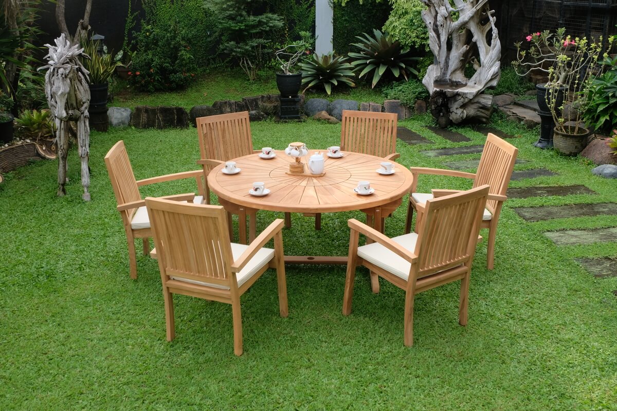 Teak Sunburst Round Table 150cm (4cm Thick Top) with Burnham Stacking Chair (Garden / Outdoor Dining Set)