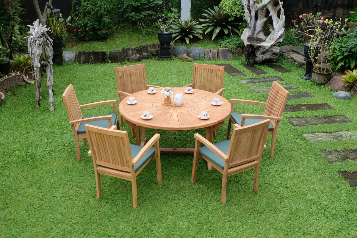 Teak Sunburst Round Table 150cm (4cm Thick Top) with Burnham Stacking Chair (Garden / Outdoor Dining Set)