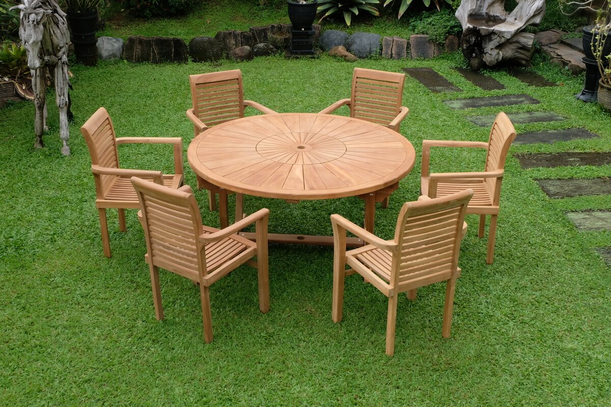 Teak Sunburst Round Table 150cm (4cm Thick Top) with Belgrave Stacking Chair  (Garden / Outdoor Dining Set)