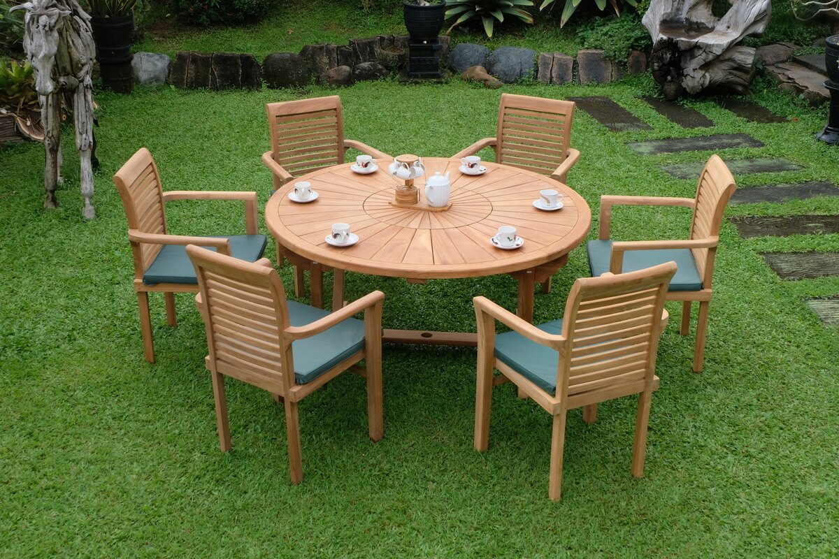 Teak Sunburst Round Table 150cm (4cm Thick Top) with Belgrave Stacking Chair  (Garden / Outdoor Dining Set)