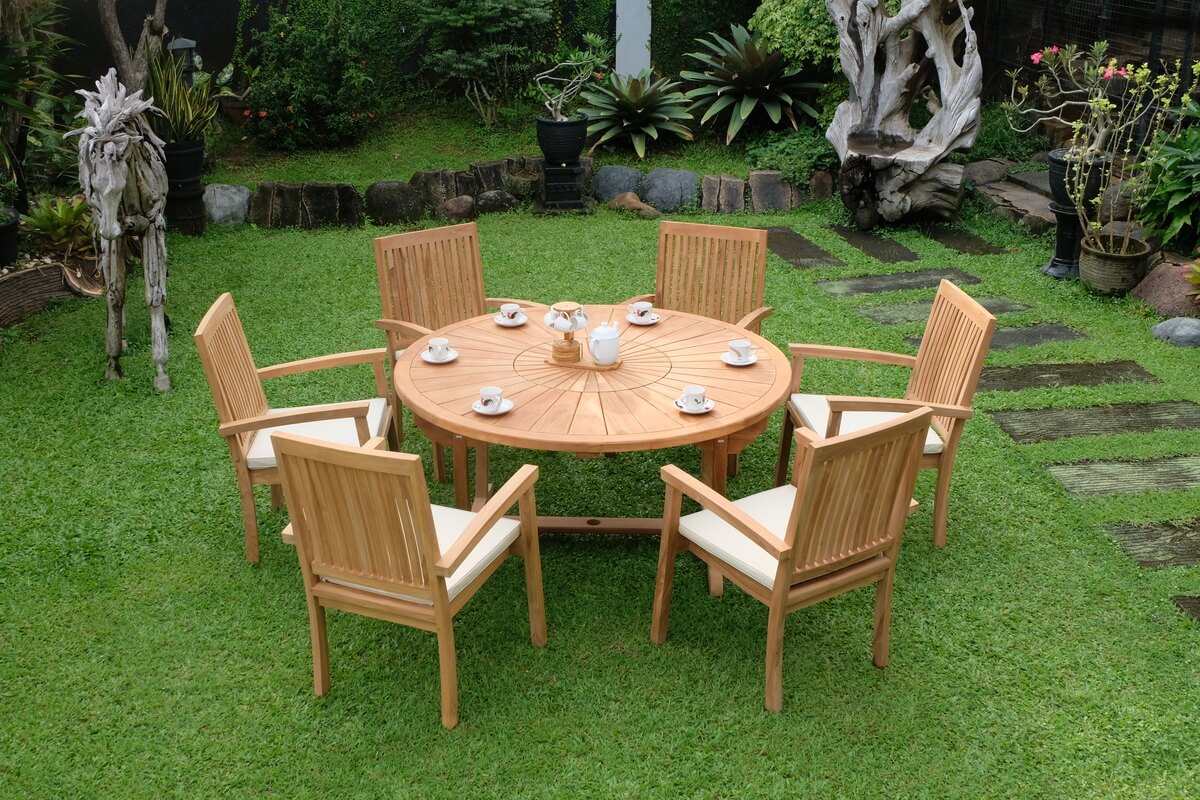 Teak Sunburst Round Table 150cm (4cm Thick Top) with Burnham Stacking Chair (Garden / Outdoor Dining Set)