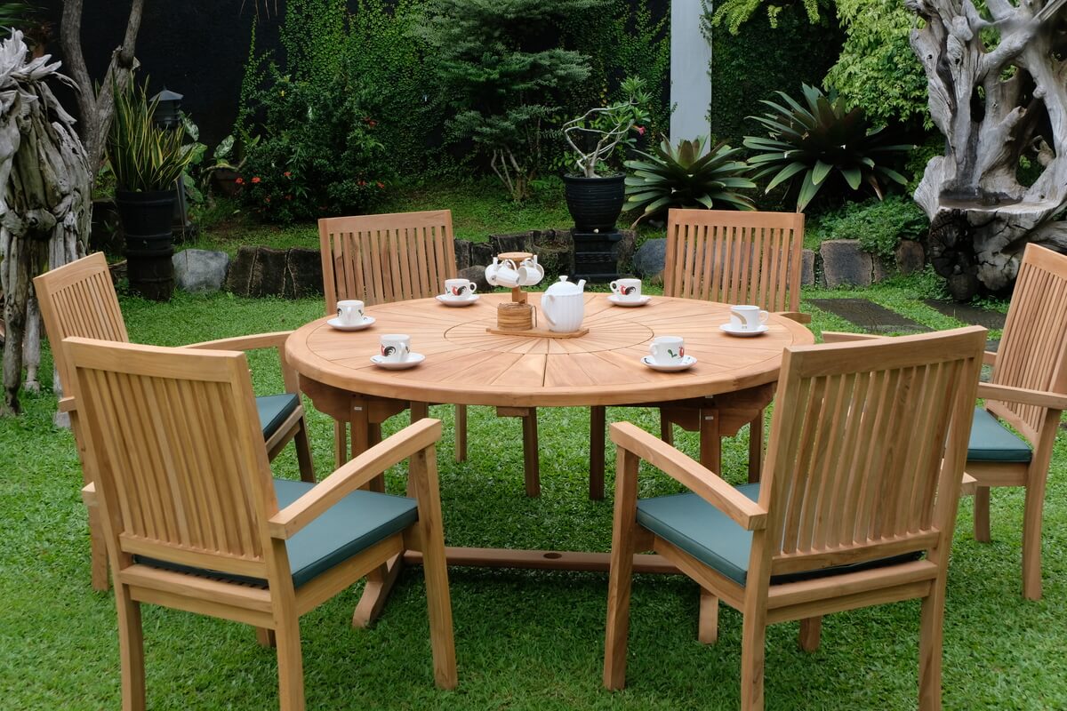 Teak Sunburst Round Table 150cm (4cm Thick Top) with Burnham Stacking Chair (Garden / Outdoor Dining Set)