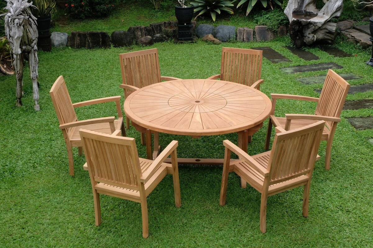 Teak Sunburst Round Table 150cm (4cm Thick Top) with Burnham Stacking Chair (Garden / Outdoor Dining Set)