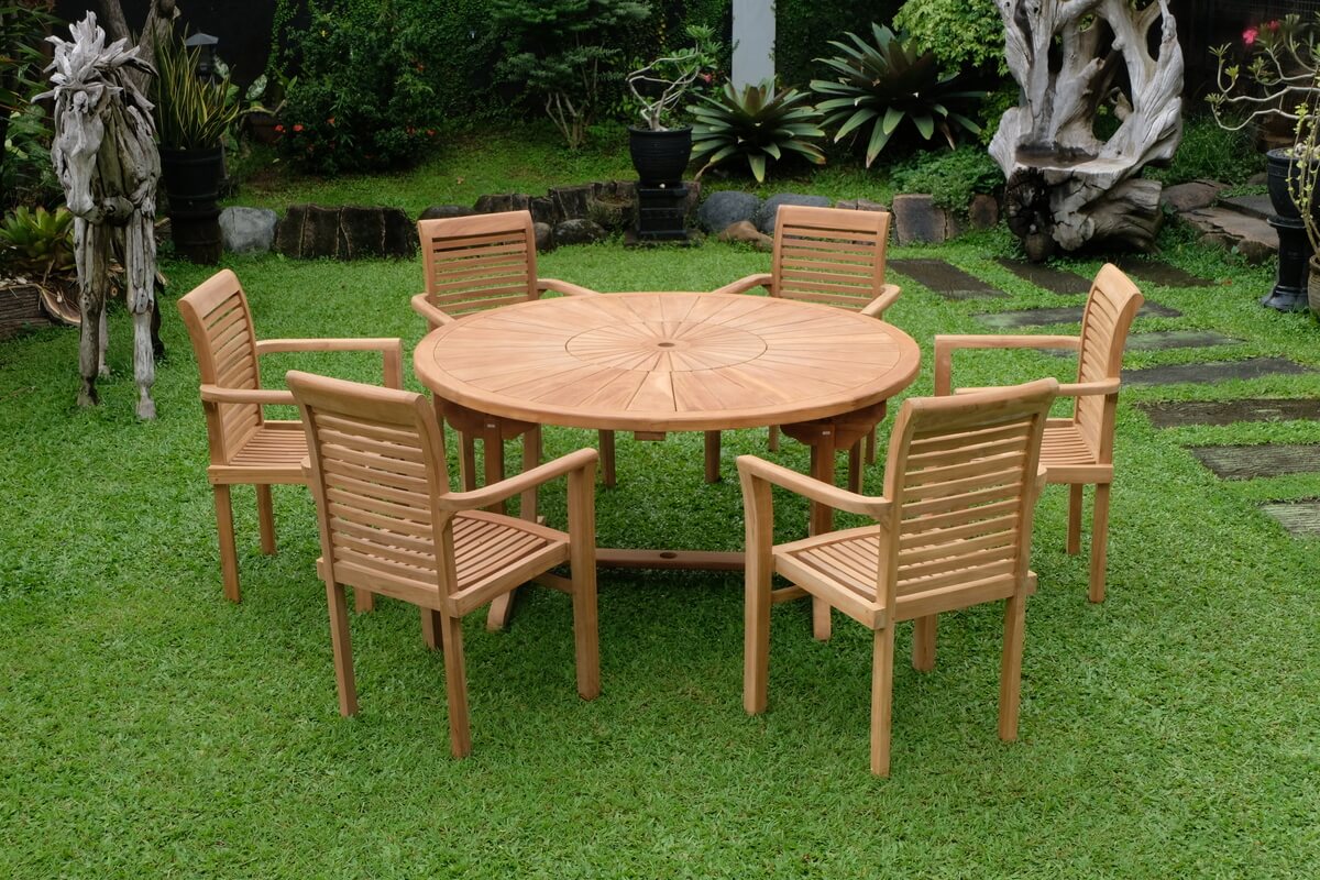 Teak Sunburst Round Table 150cm (4cm Thick Top) with Belgrave Stacking Chair  (Garden / Outdoor Dining Set)