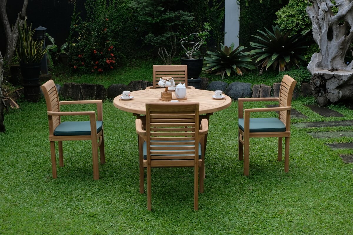Teak Sunburst Folding Table 120cm (4cm Thick Top) with Belgrave Stacking Chair  (Garden / Outdoor Dining Set)