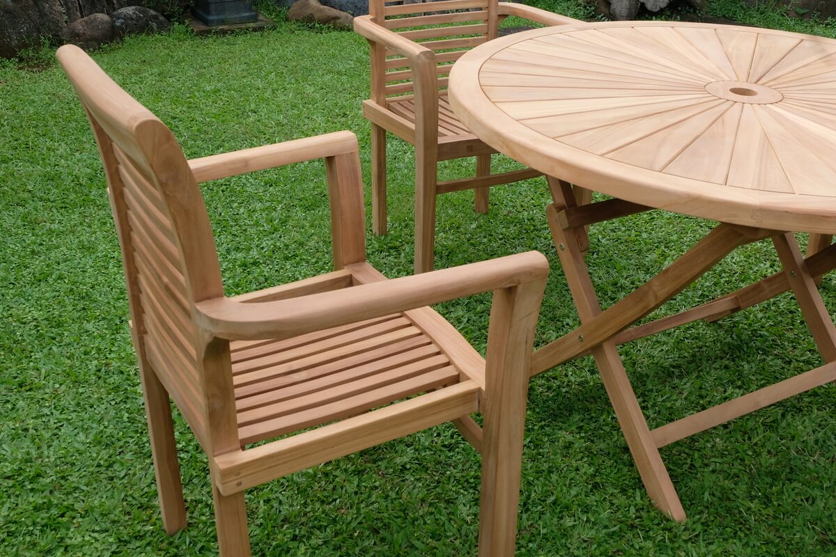 Teak Sunburst Folding Table 120cm (4cm Thick Top) with Belgrave Stacking Chair  (Garden / Outdoor Dining Set)