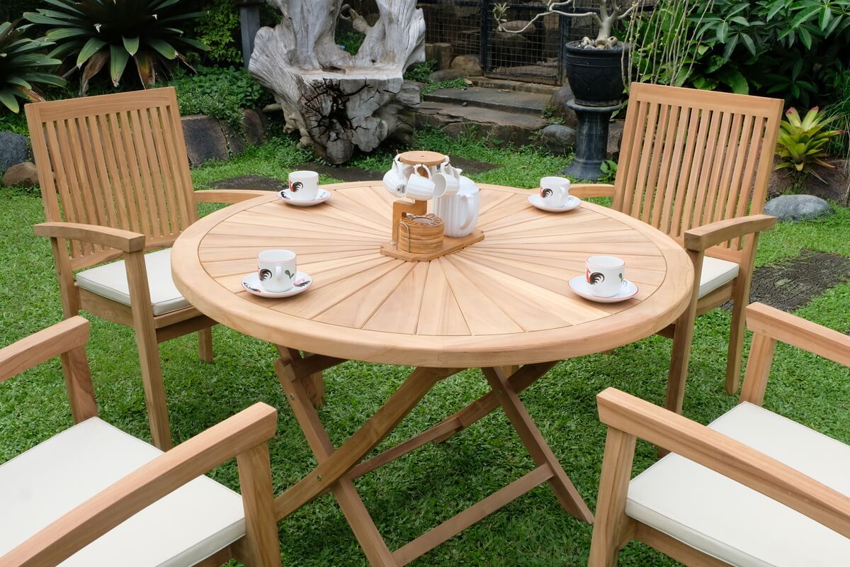 Teak Sunburst Folding Table 120cm (4cm Thick Top) with Burnham Stacking Chair  (Garden / Outdoor Dining Set)