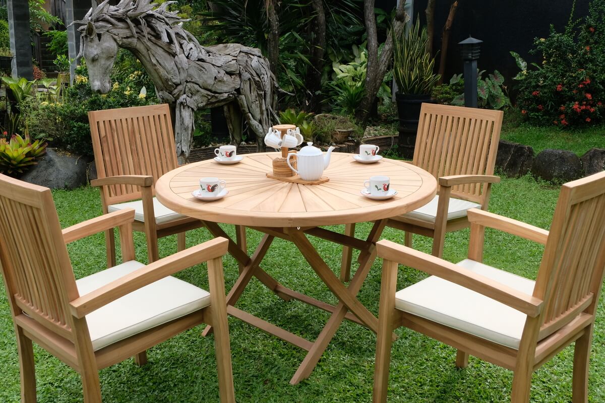 Teak Sunburst Folding Table 120cm (4cm Thick Top) with Burnham Stacking Chair  (Garden / Outdoor Dining Set)