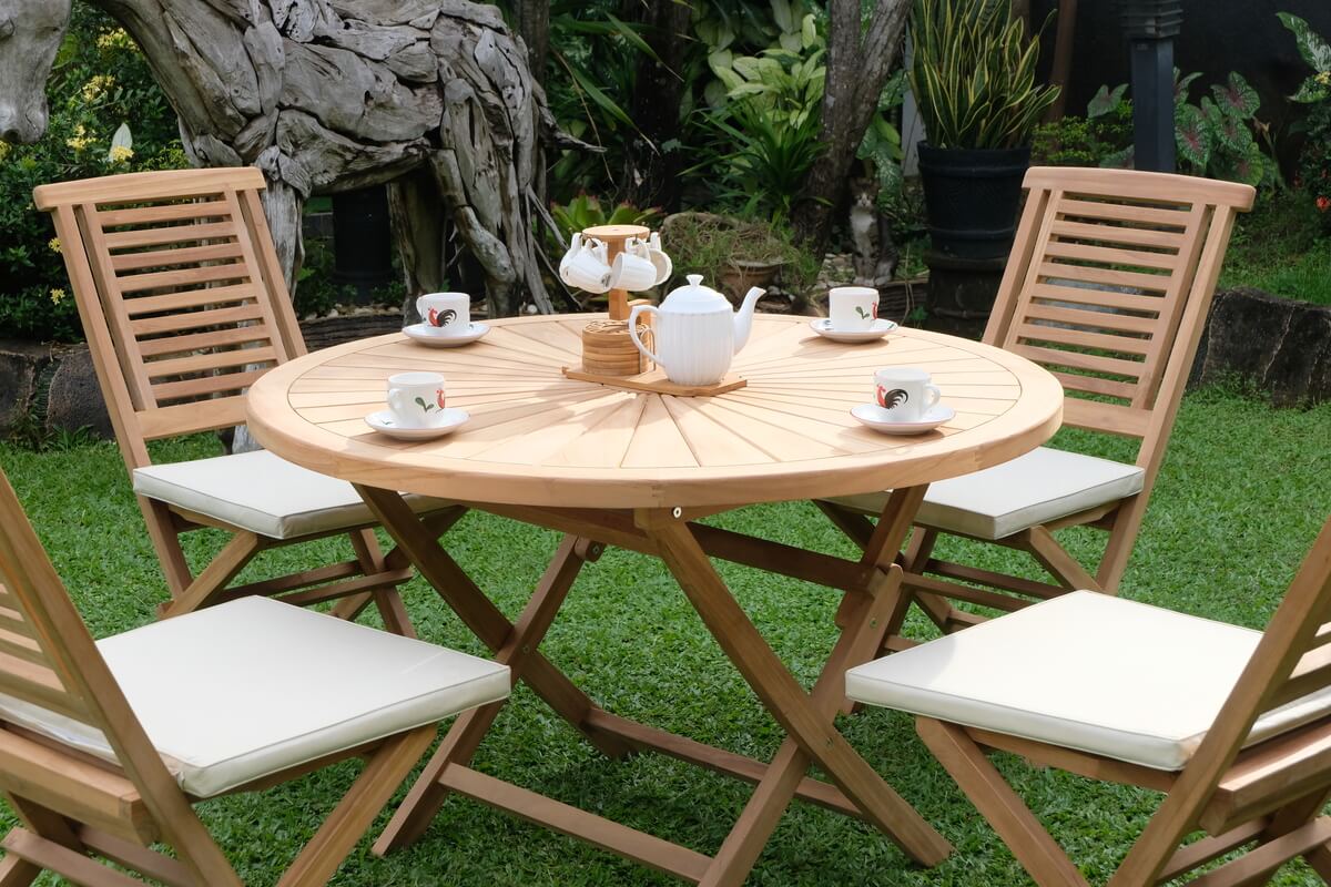 Teak Sunburst Folding Table 120cm (4cm Thick Top) with Hanton Folding Chair  (Garden / Outdoor Dining Set)