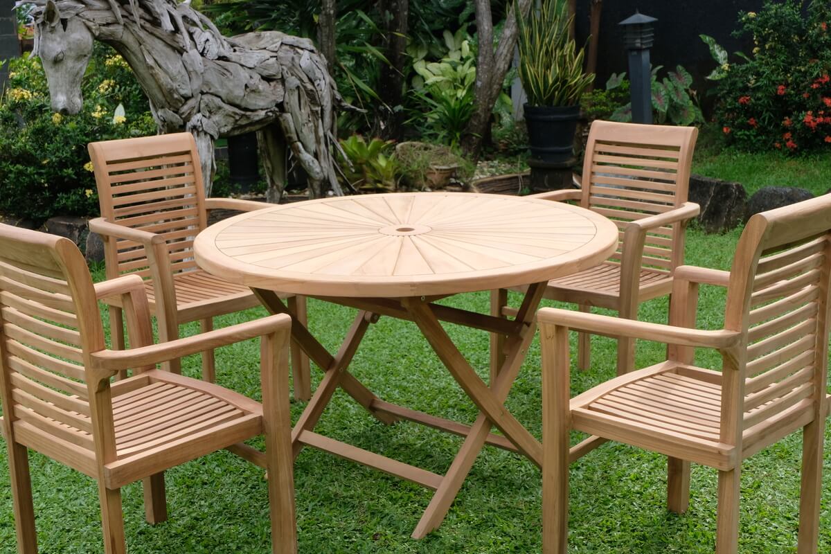Teak Sunburst Folding Table 120cm (4cm Thick Top) with Belgrave Stacking Chair  (Garden / Outdoor Dining Set)