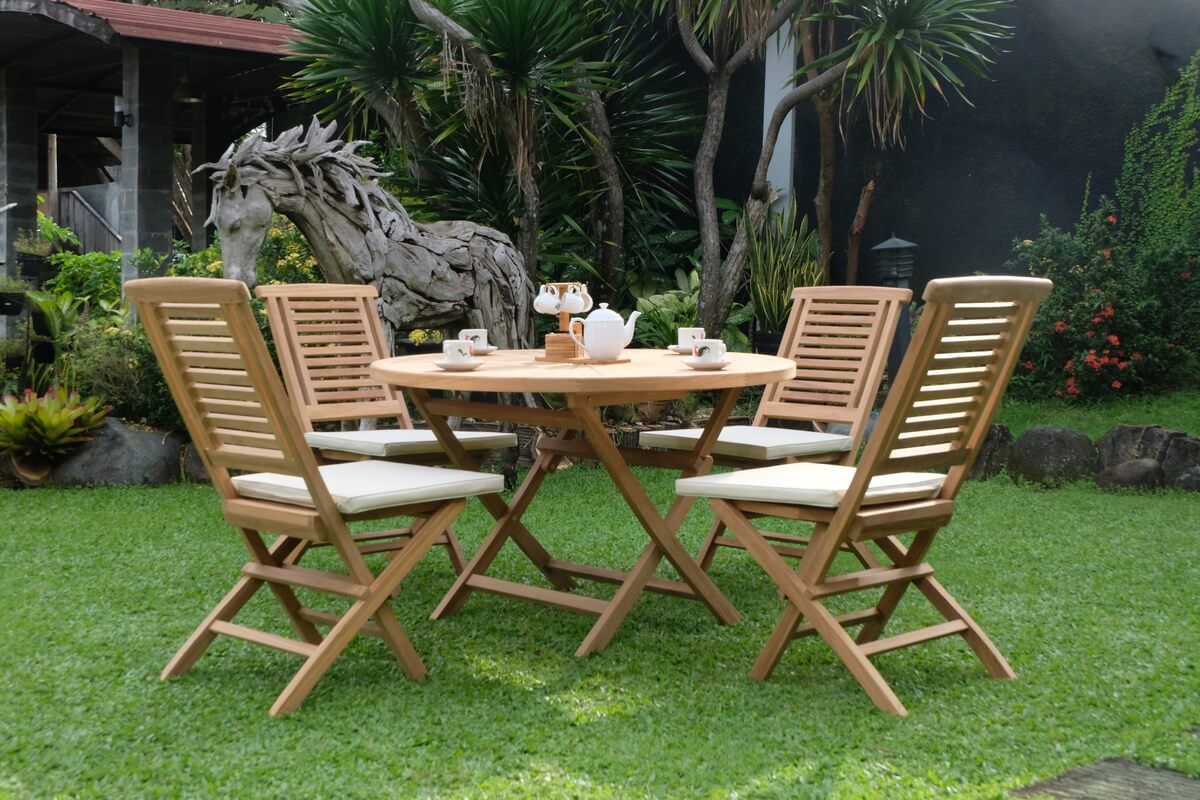 Teak Sunburst Folding Table 120cm (4cm Thick Top) with Hanton Folding Chair  (Garden / Outdoor Dining Set)