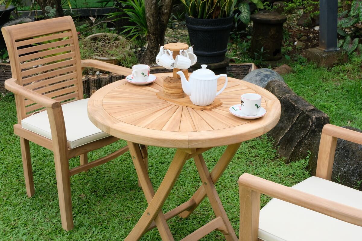 Teak Sunburst Folding Table 80cm (4cm Thick Top) with Belgrave Stacking Chair  (Garden / Outdoor Dining Set)