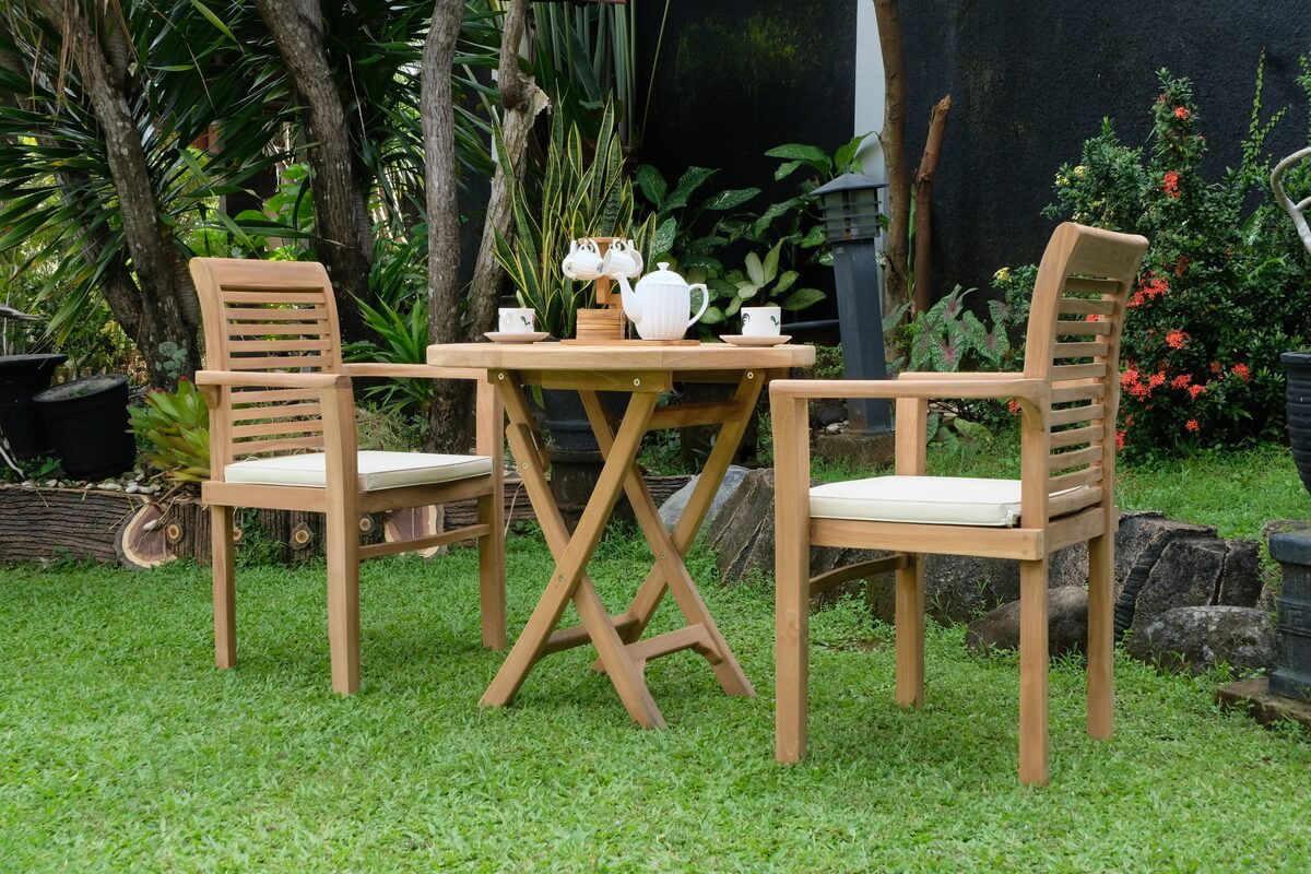 Teak Sunburst Folding Table 80cm (4cm Thick Top) with Belgrave Stacking Chair  (Garden / Outdoor Dining Set)