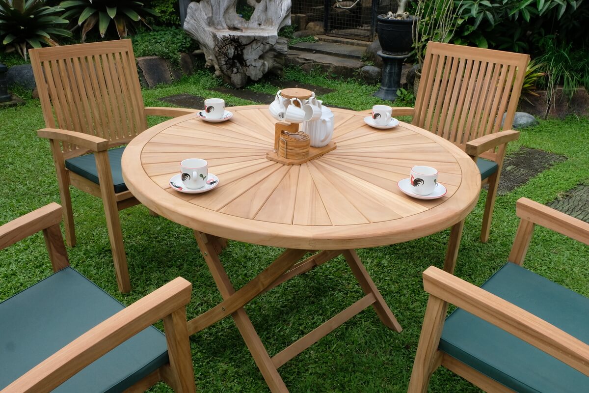 Teak Sunburst Folding Table 120cm (4cm Thick Top) with Burnham Stacking Chair  (Garden / Outdoor Dining Set)