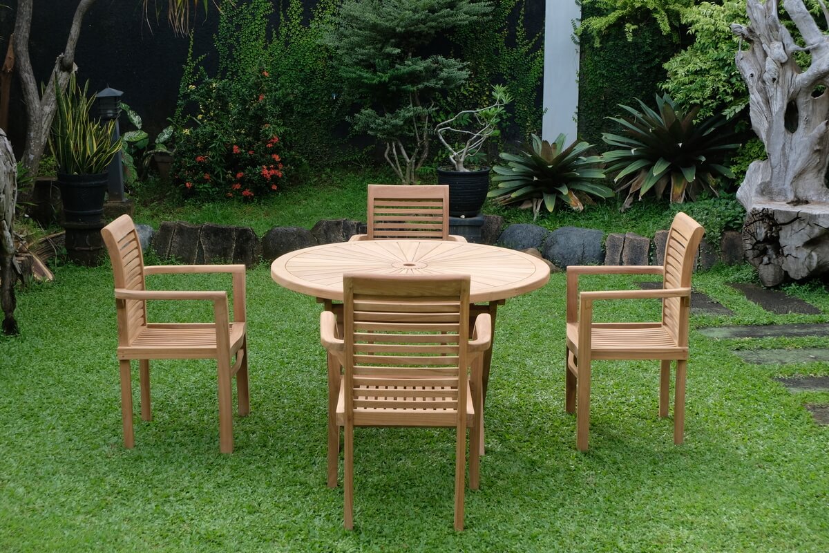 Teak Sunburst Folding Table 120cm (4cm Thick Top) with Belgrave Stacking Chair  (Garden / Outdoor Dining Set)