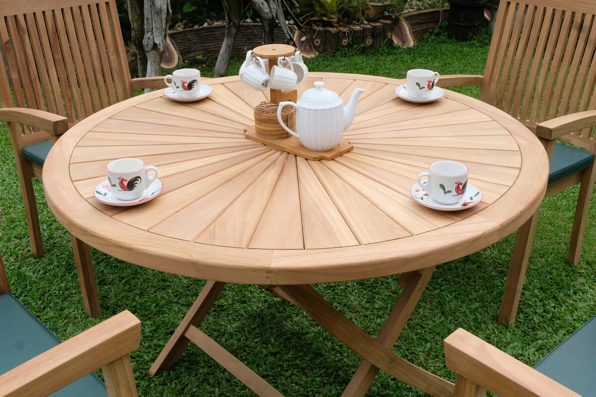 Teak Sunburst Folding Table 120cm (4cm Thick Top) with Burnham Stacking Chair  (Garden / Outdoor Dining Set)